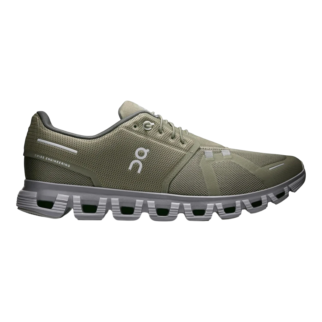 HypeSelection On Cloud 6 olive green mesh running shoe with grey sole and white logo.