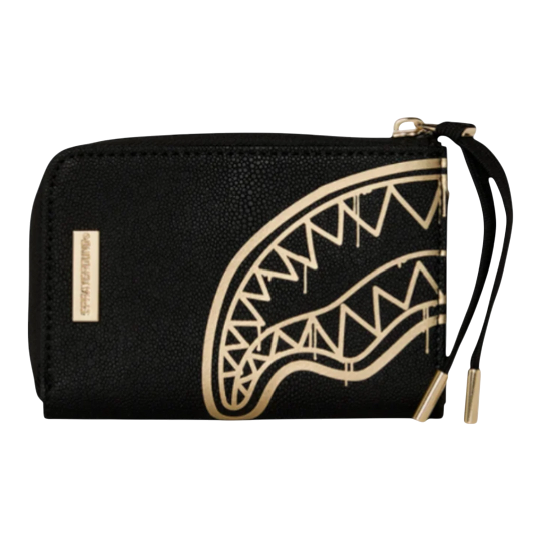 HypeSelection black PVC wallet with gold shark teeth graphic and elastic closure.