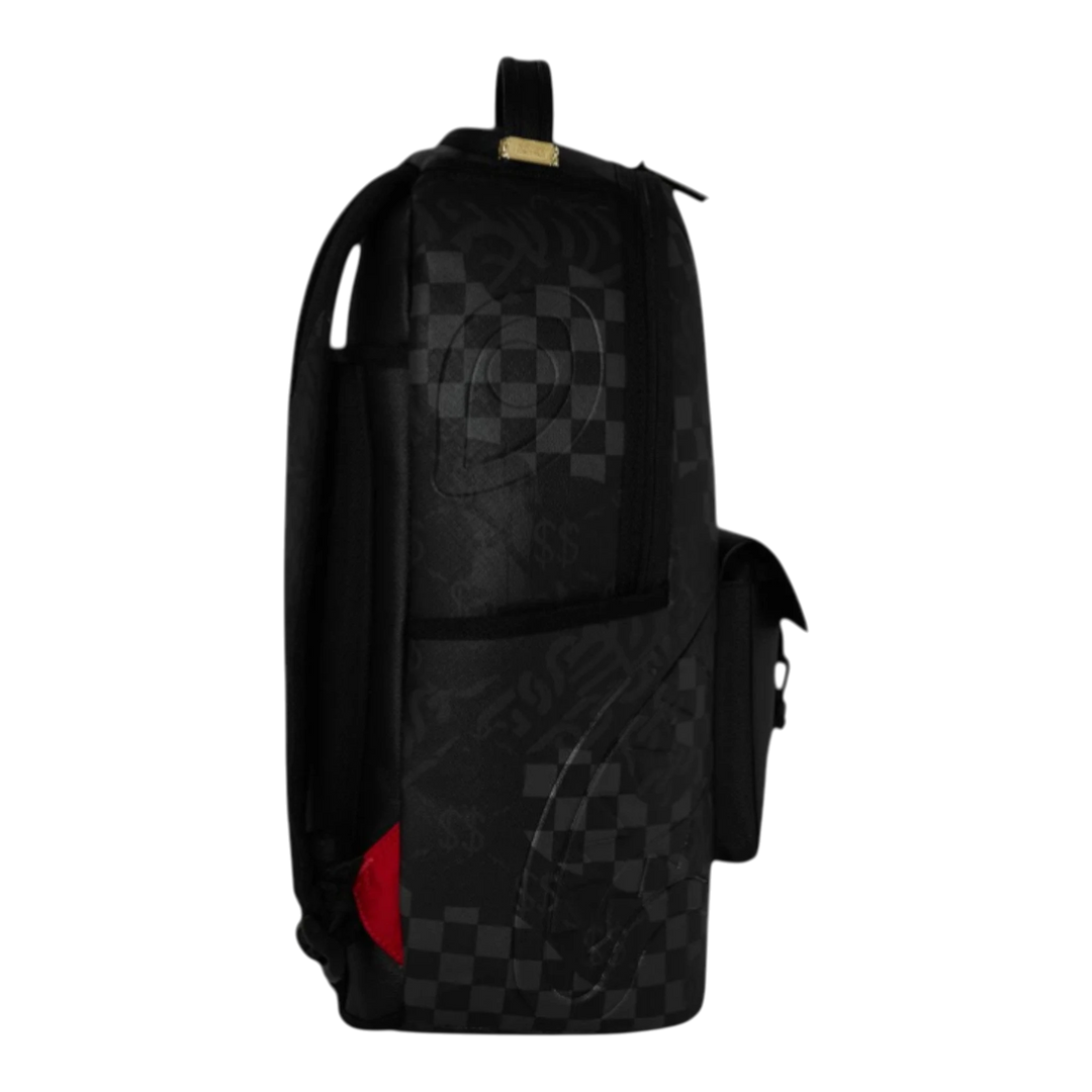 HypeSelection black PVC backpack with all-over graphic print, checkerboard pattern, and red accent detail.
