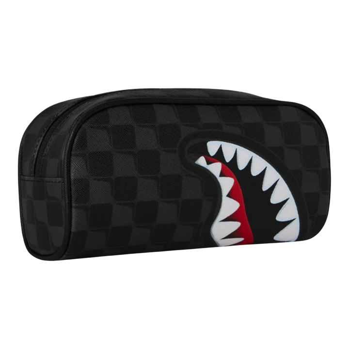 HypeSelection black checkered pouch with iconic Sprayground shark mouth graphic. Zip closure for secure storage.