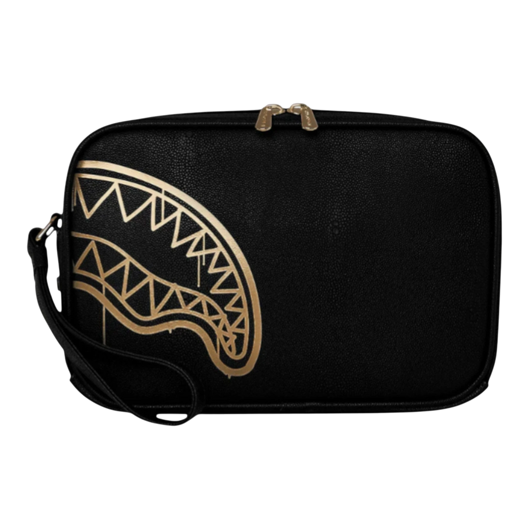 HypeSelection black toiletry bag with gold shark mouth graphic and wrist strap. Durable synthetic construction.