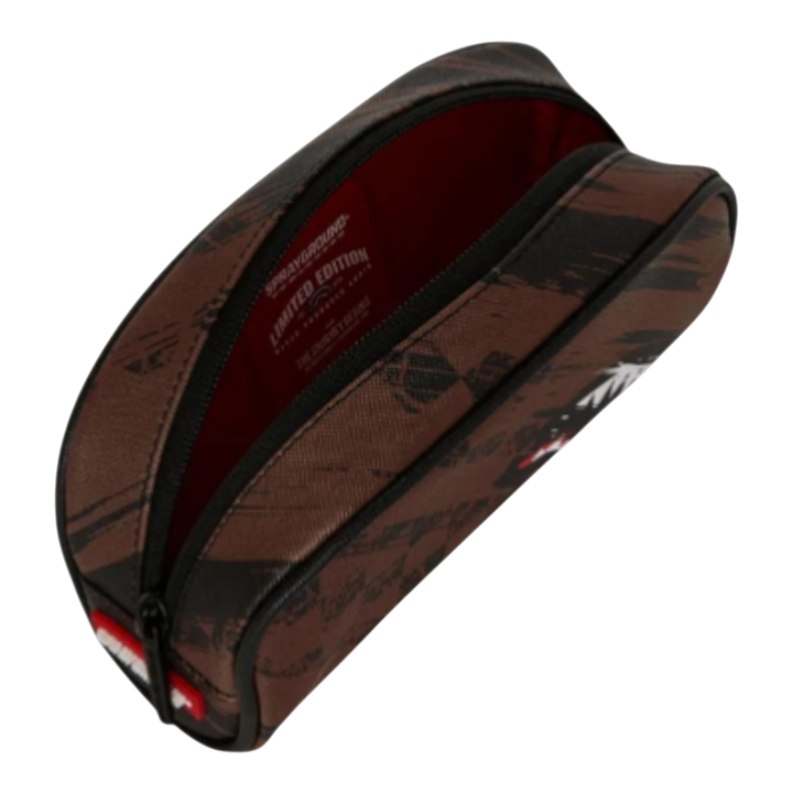 HypeSelection brown synthetic leather pouch with smeared grunge graphic and red interior. Features a zip closure and