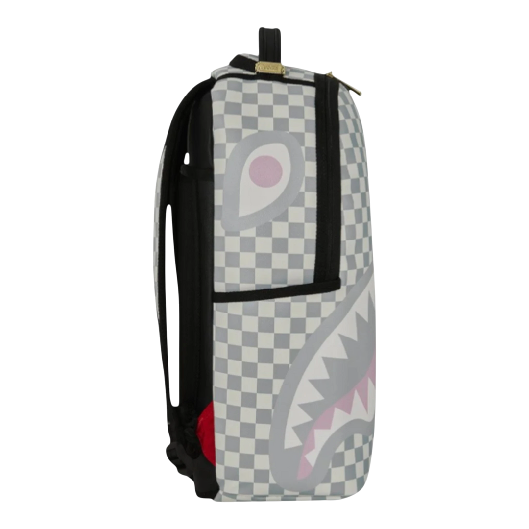 HypeSelection Cream Check Side Drip backpack with shark mouth graphic and pink accents. Made of PVC.