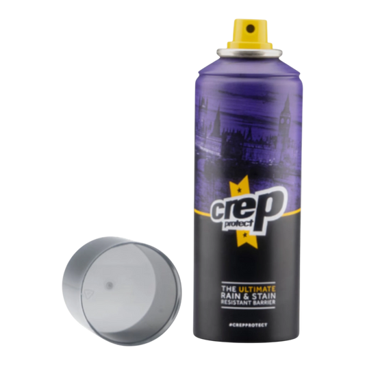HypeSelection Crep Protect 200ml spray can with yellow cap, featuring a purple design with London landmarks. Protects shoes from rain and stains.