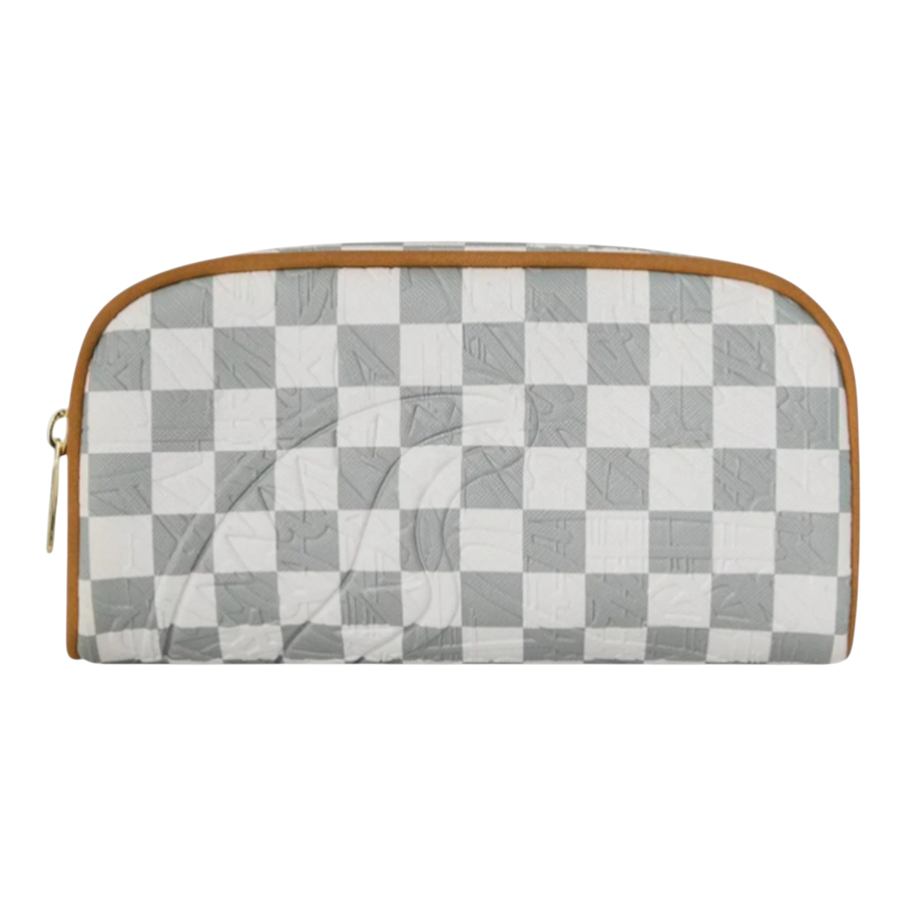 HypeSelection Graff Embossed Cream Check Pouch with gold zipper and brown trim. Textured checkerboard pattern.