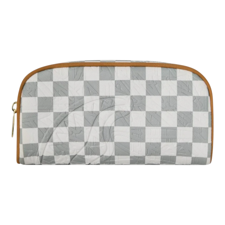 HypeSelection Graff Embossed Cream Check Pouch with gold zipper and brown trim. Textured checkerboard pattern.