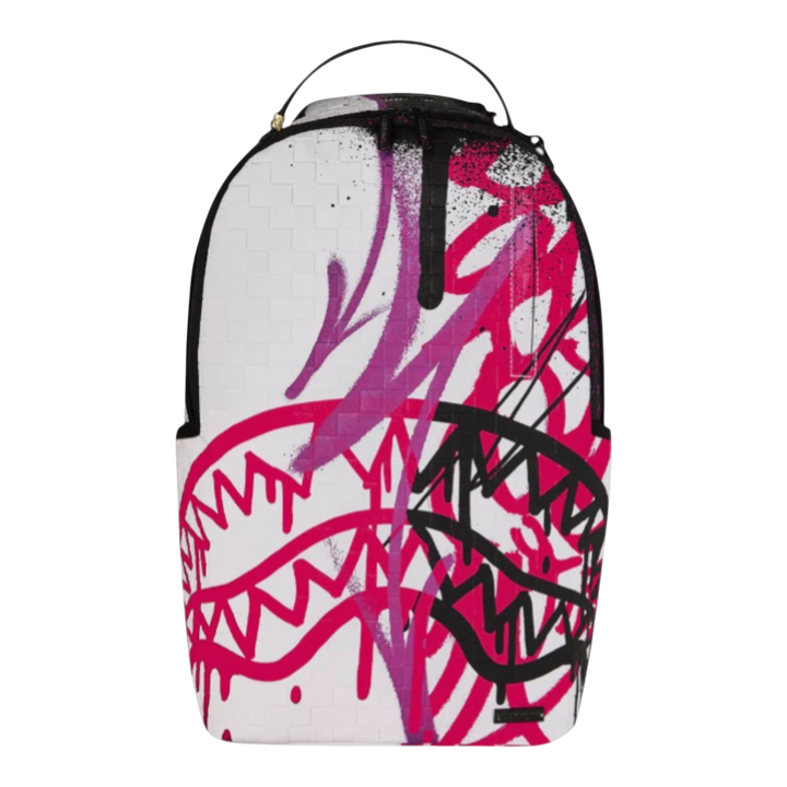 HypeSelection Graff Mayhem RMX backpack with graffiti art, shark motif, pink and black accents, and white checkered pattern.