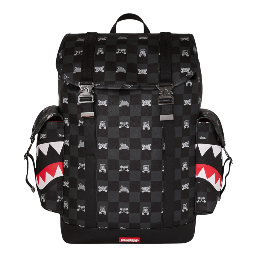 HypeSelection Gray Peeking Character Check Monte Carlo backpack with shark mouth detail, faux leather, and buckle closure.