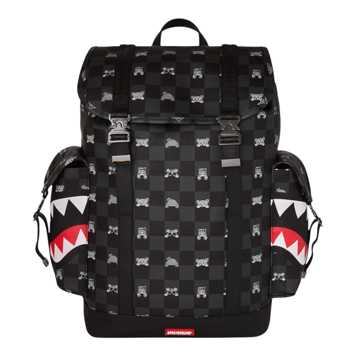 HypeSelection Gray Peeking Character Check Monte Carlo backpack with shark mouth detail, faux leather, and buckle closure.