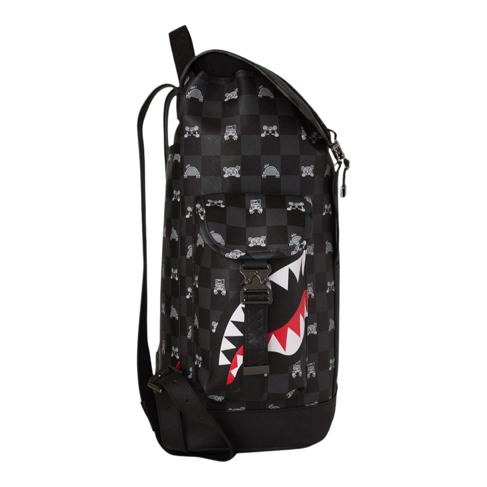HypeSelection Gray Peeking Character Check Monte Carlo Backpack with shark mouth detail, faux leather, and buckle closure.