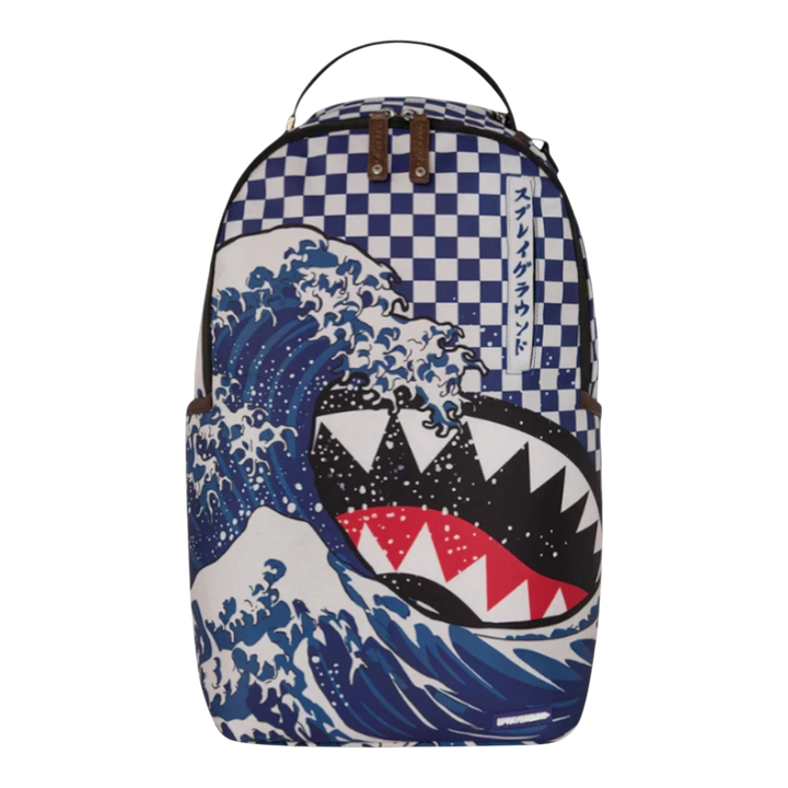 HypeSelection Sprayground Ichimatsu-Moyō Camokawa backpack with Japanese wave and shark mouth design, blue checkerboard top.
