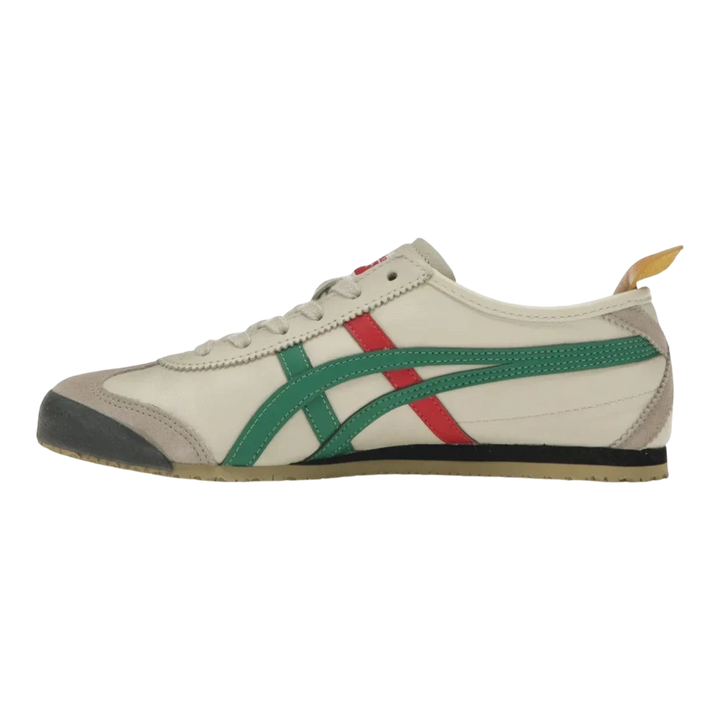 Onitsuka Tiger Mexico 66 sneakers in birch leather with green, red, and yellow stripes. Low-profile design with grey suede accents.