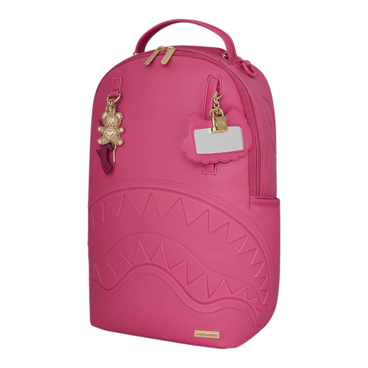 HypeSelection pink faux leather backpack with iconic shark mouth graphic, gold hardware, and teddy bear charm.