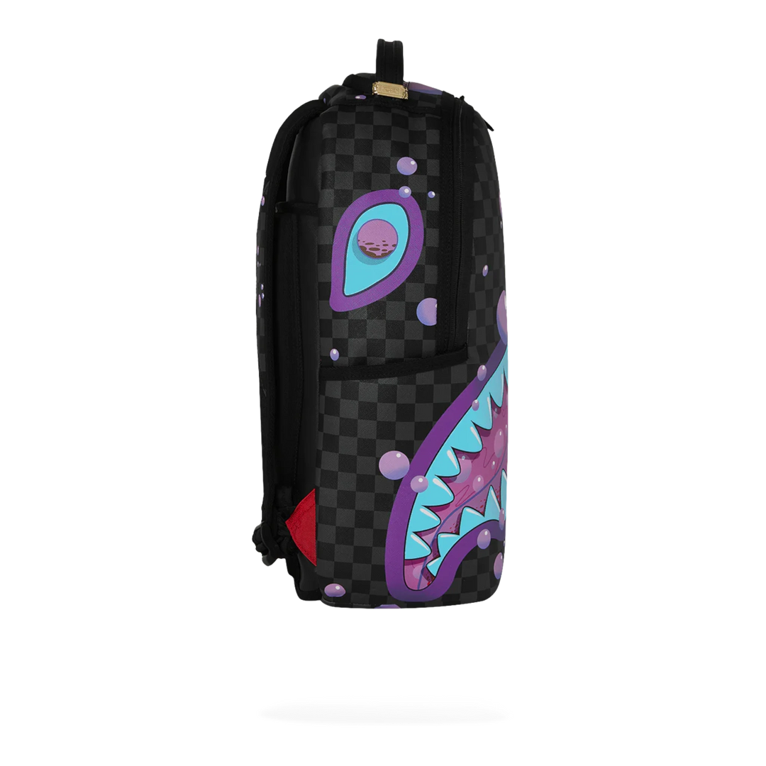 HypeSelection Sprayground Purple Slime Takeover backpack with black checkered pattern, purple and blue shark graphic, and bubble details.
