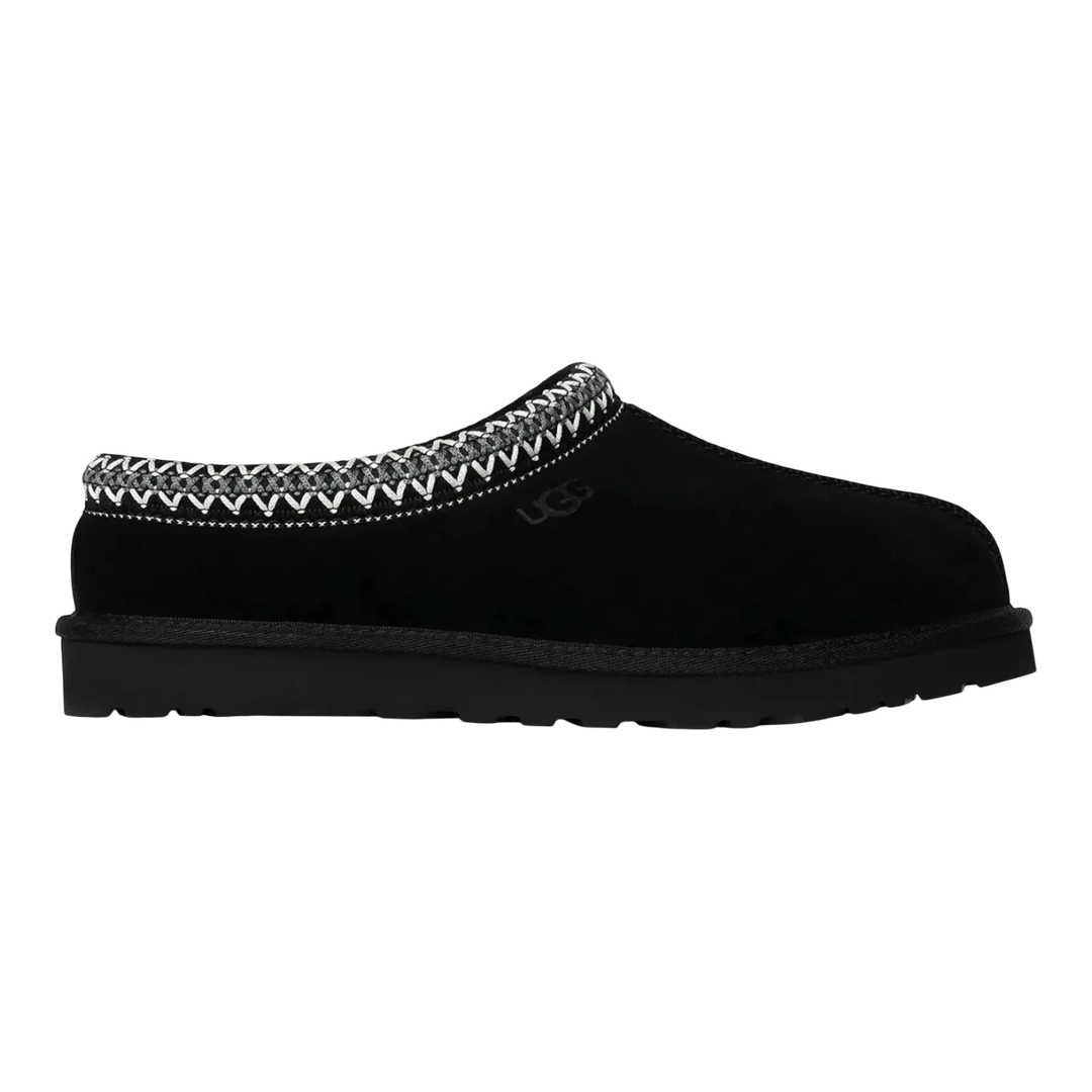 HypeSelection UGG Tasman II black suede slipper with sheepskin lining and signature braid collar.