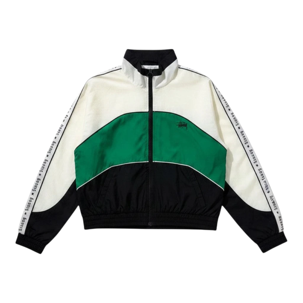 Vintage HypeSelection Stussy windbreaker jacket in green, white, and black with repeating Stussy logo tape on sleeves.