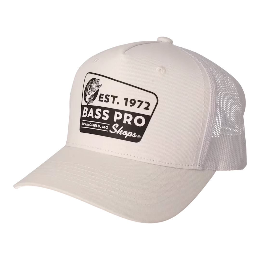 HypeSelection white trucker cap with a vintage Bass Pro Shops embroidered patch featuring a leaping bass and