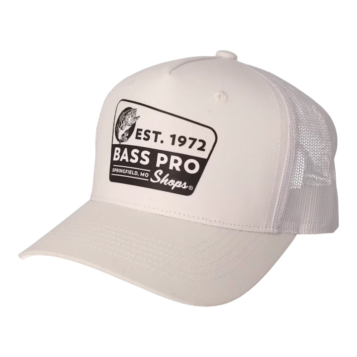 HypeSelection white trucker cap with a vintage Bass Pro Shops embroidered patch featuring a leaping bass and
