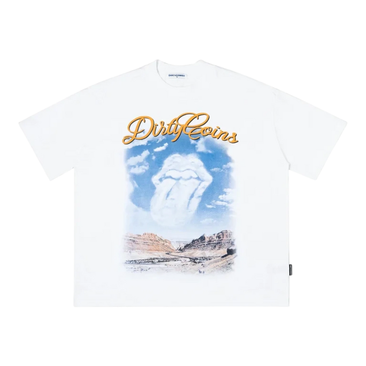 DirtyCoins DCxRS Desert Sky T-Shirt White cotton with graphic print of Rolling Stones tongue logo in clouds over desert landscape.