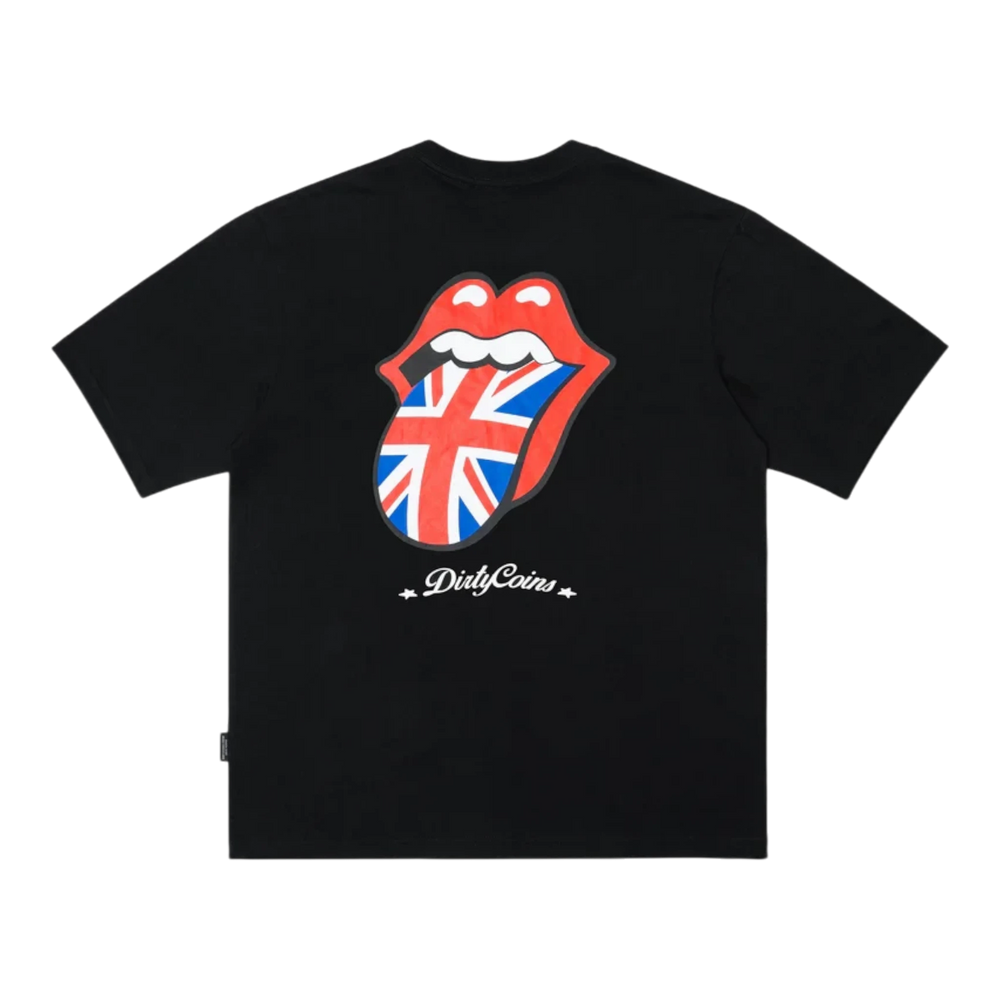 DirtyCoins DCxRS UK Logo T-Shirt Black, cotton tee with iconic Rolling Stones tongue and lips graphic featuring the Union Jack.