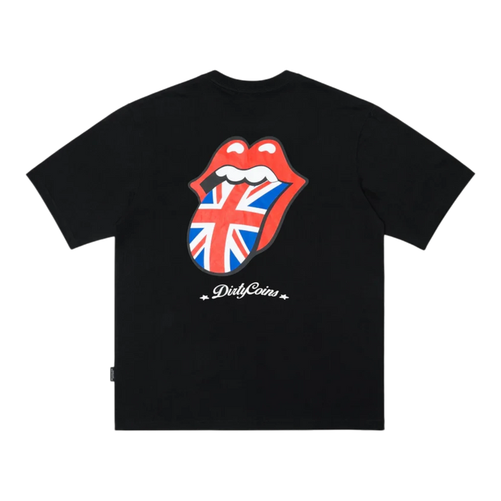 DirtyCoins DCxRS UK Logo T-Shirt Black, cotton tee with iconic Rolling Stones tongue and lips graphic featuring the Union Jack.
