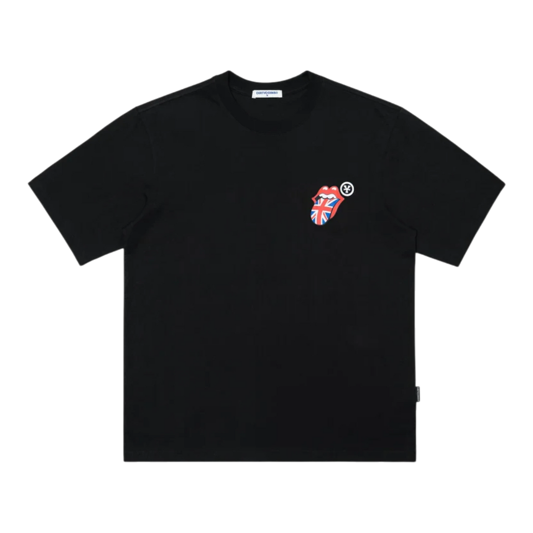 DirtyCoins DCxRS UK Logo T-Shirt Black. Black cotton tee with Rolling Stones tongue logo featuring the Union Jack.