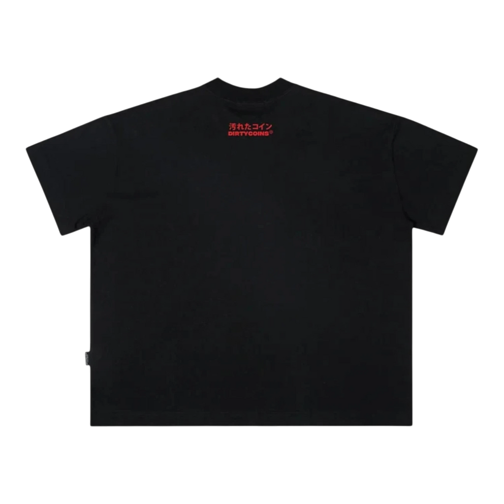 DirtyCoins Wavy Logo Regular Boxy T-Shirt in black cotton with red Japanese text and logo graphic on back.