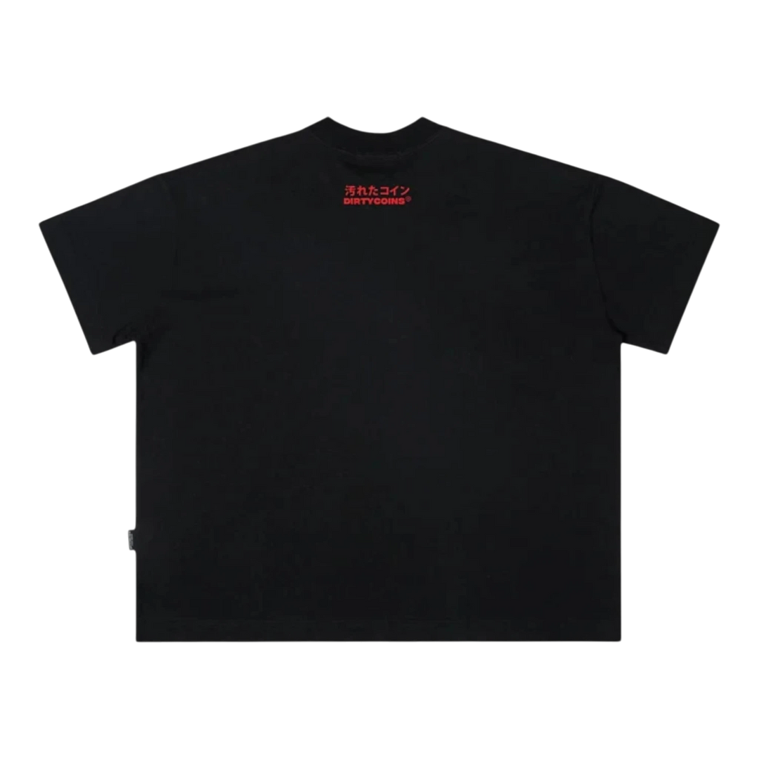 DirtyCoins Wavy Logo Regular Boxy T-Shirt in black cotton with red Japanese text and logo graphic on back.