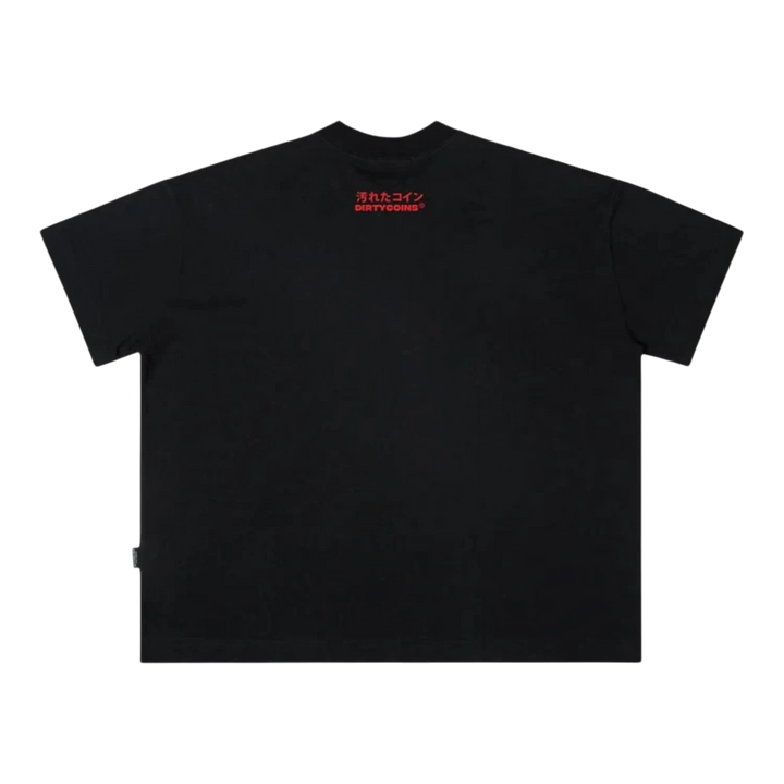 DirtyCoins Wavy Logo Regular Boxy T-Shirt in black cotton with red Japanese text and logo graphic on back.