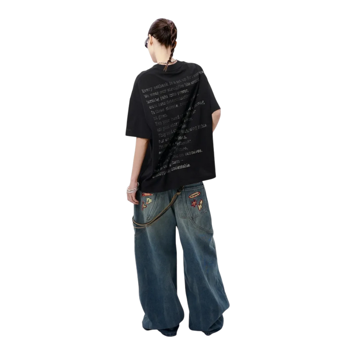 HADES black heavyweight cotton oversized tee with graphic text on back. Streetwear fit.