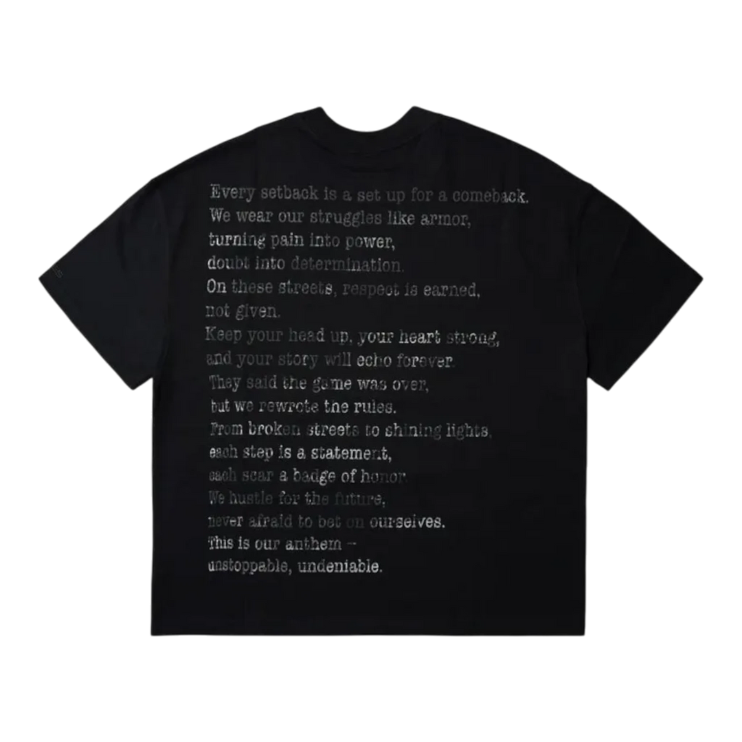 HADES black heavyweight cotton oversized Anthem tee with printed poem on back. Streetwear style.