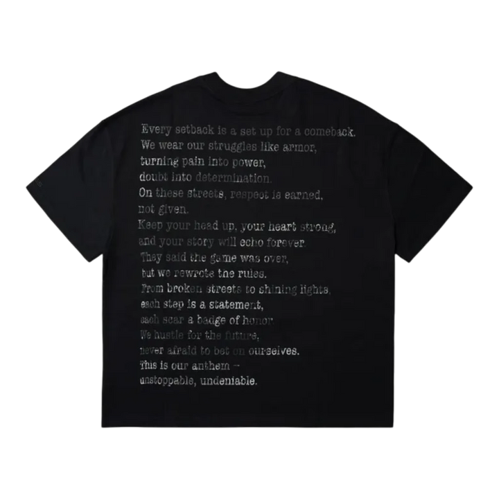 HADES black heavyweight cotton oversized Anthem tee with printed poem on back. Streetwear style.