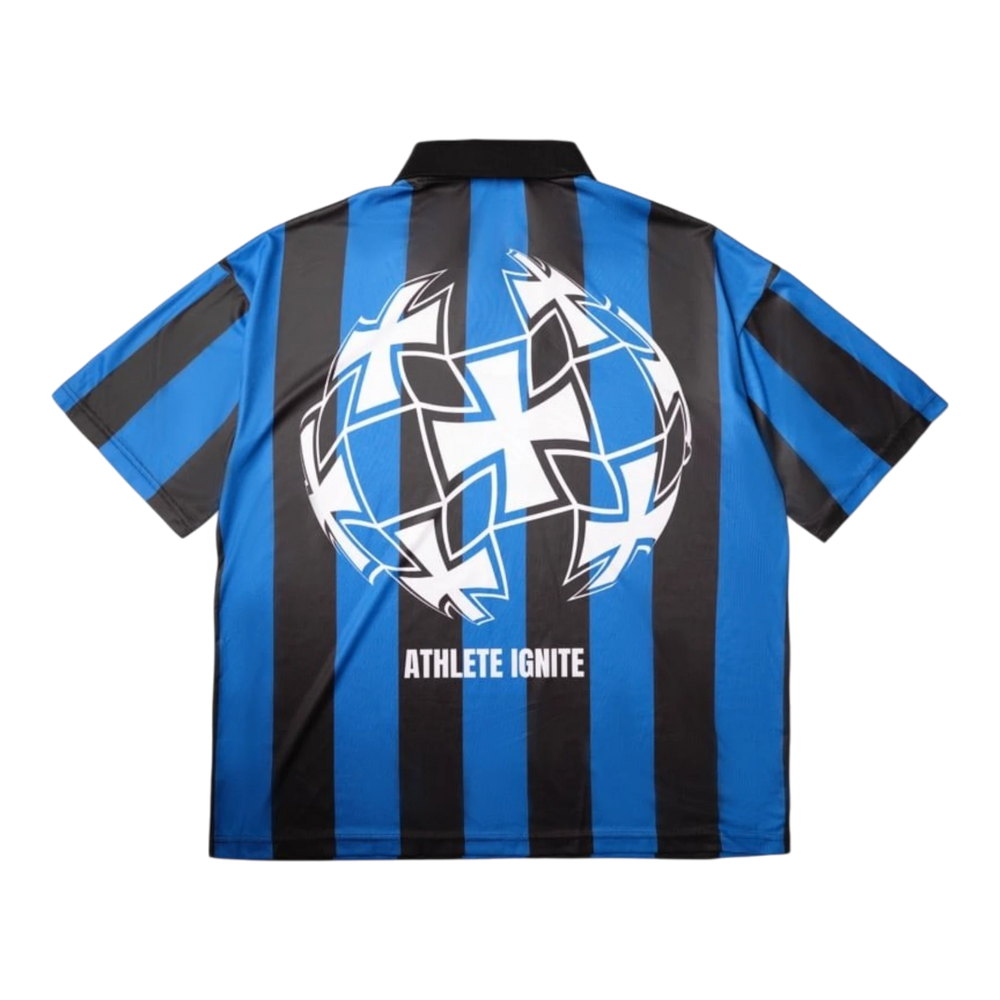 HADES Athlete Ignite Jersey in black and blue stripes with a large graphic globe design. Polyester mesh.
