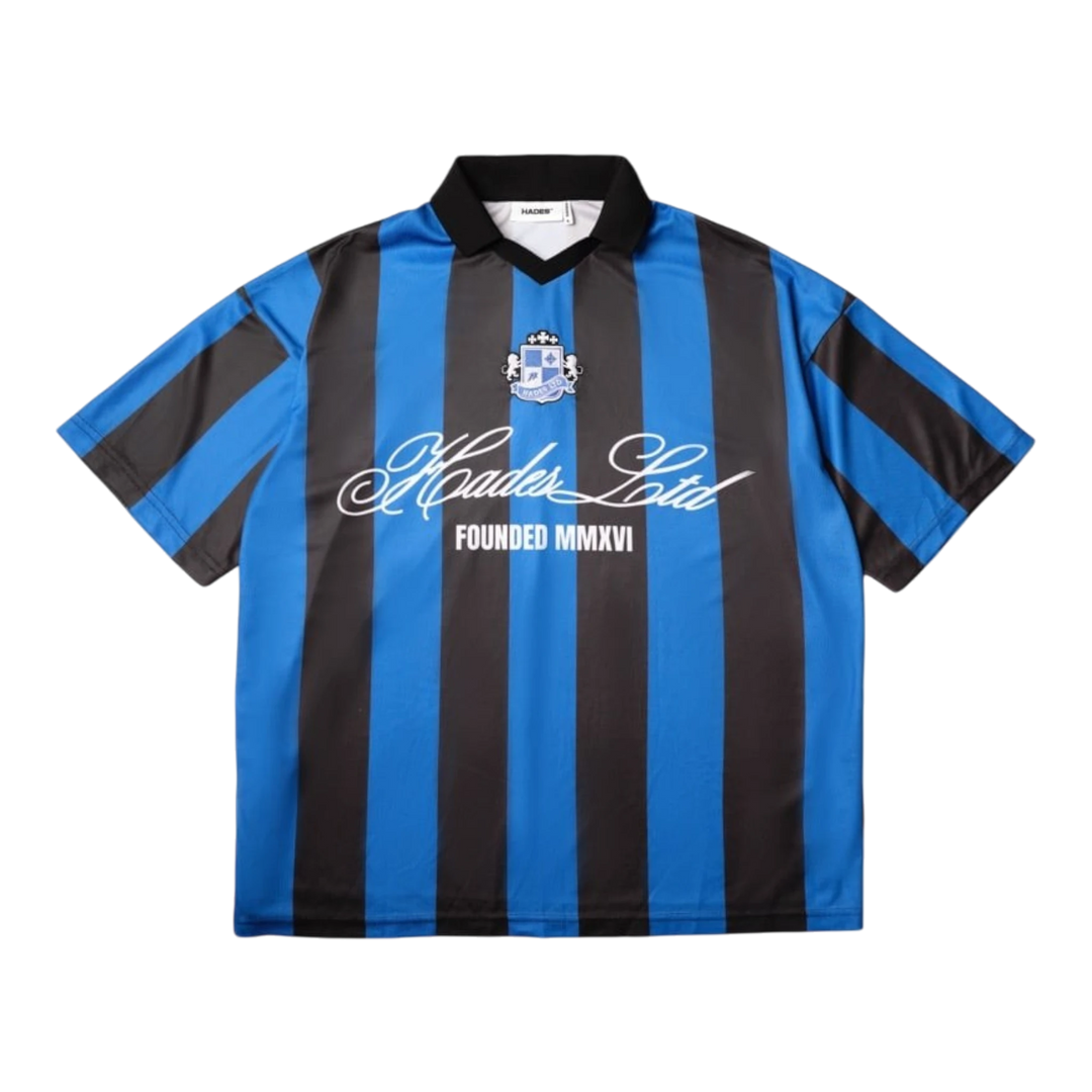 HADES Athlete Ignite Jersey in black and blue stripes, polyester mesh blend, oversized fit, streetwear style.