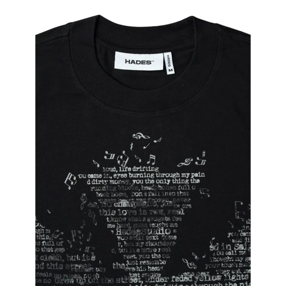 Hades black heavyweight cotton oversized tee with graphic lyrics and musical notes print.