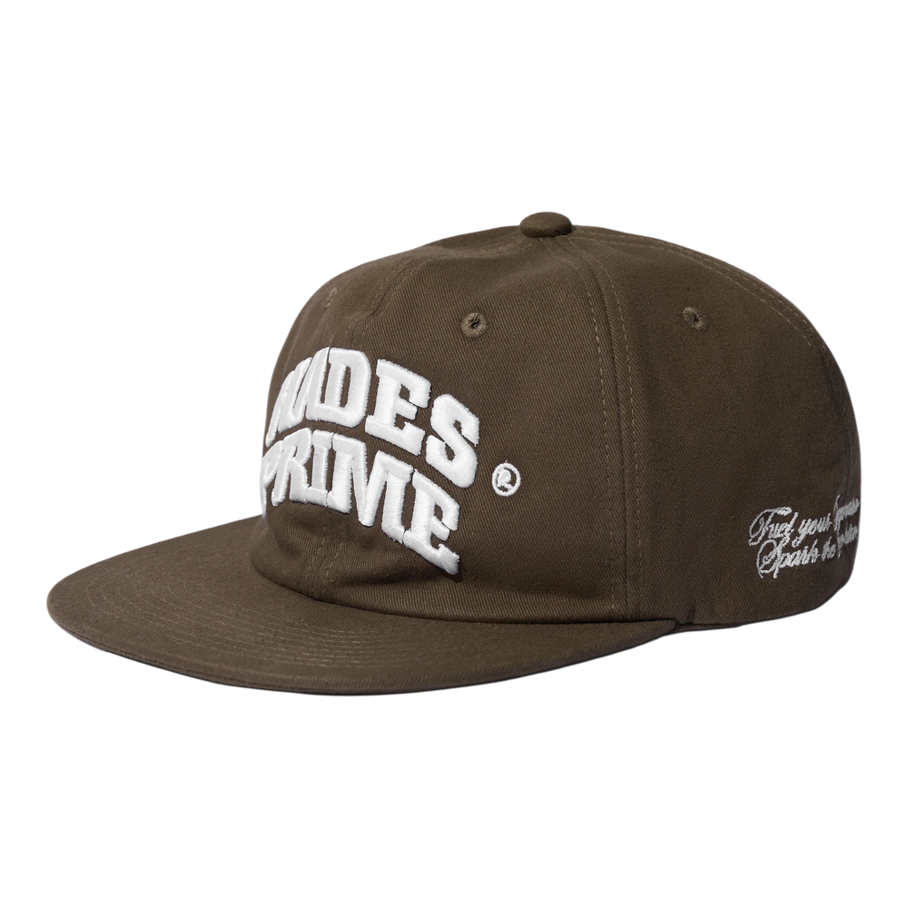 HADES ICONIC STAR SNAPBACK cap in Jean Khaki fabric with 3D white embroidered HADES PRIME logo on front and smaller embroidery on side.