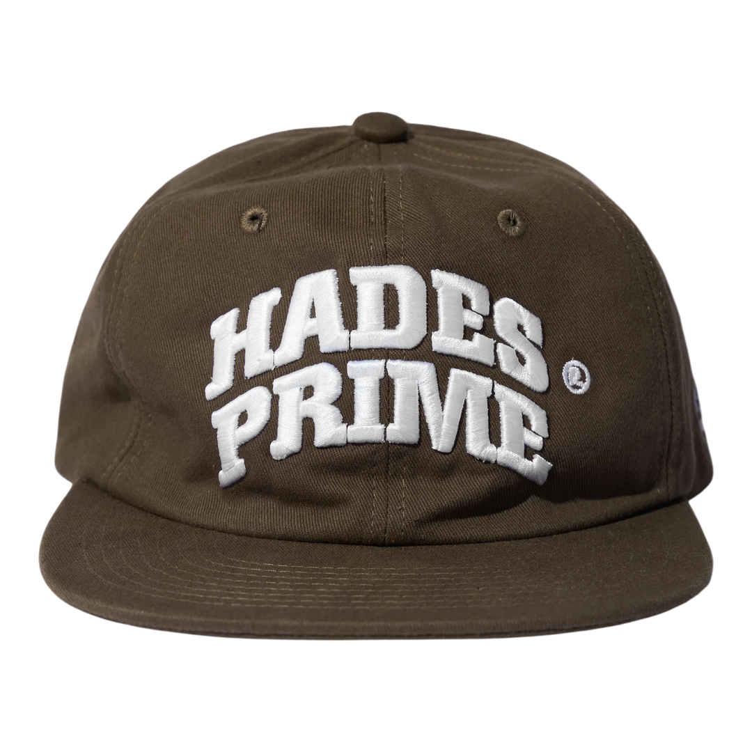 HADES PRIME snapback cap in olive green Jean Khaki fabric with 3D white embroidered text and metal adjustable closure.