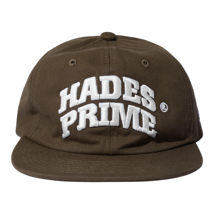 HADES PRIME snapback cap in olive green Jean Khaki fabric with 3D white embroidered text and metal adjustable closure.