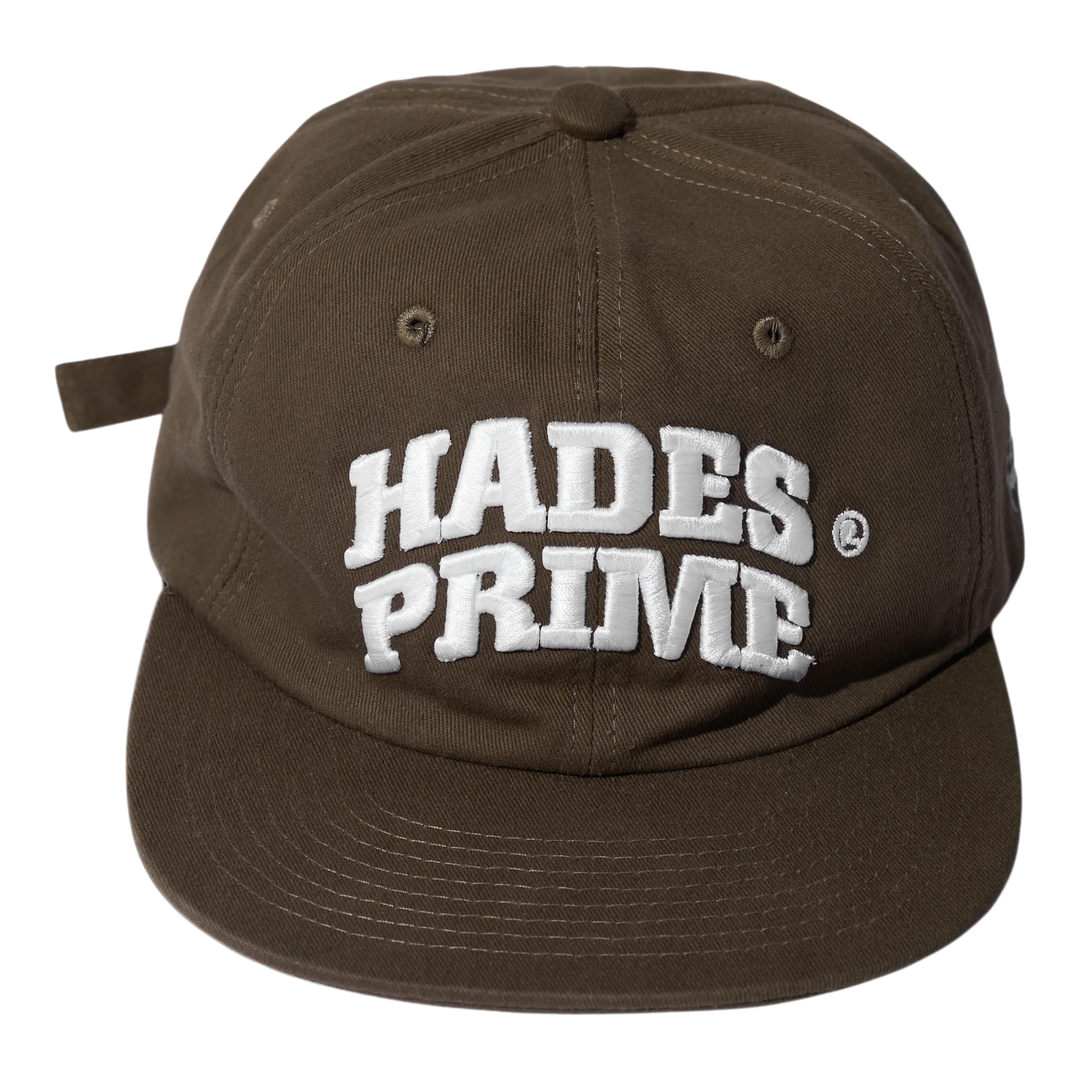 HADES PRIME snapback cap in Jean Khaki textured fabric with 3D white embroidered logo and metal adjustable closure.