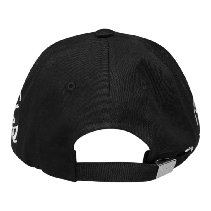 HADES Studio black Denim Khaki dad cap with embossed typography embroidery and metal buckle adjustment.