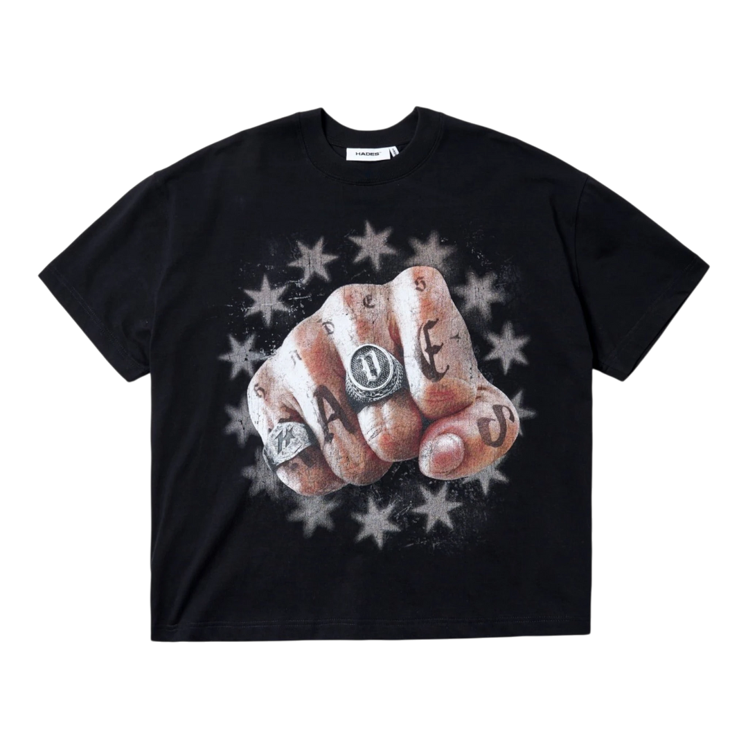 HADES Studio black 100% cotton tee with a full-scale fist graphic, tattoo details, and starburst pattern.