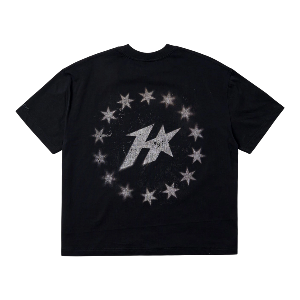 HADES Studio black 100% cotton tee with a distressed starburst graphic and central logo on the back.
