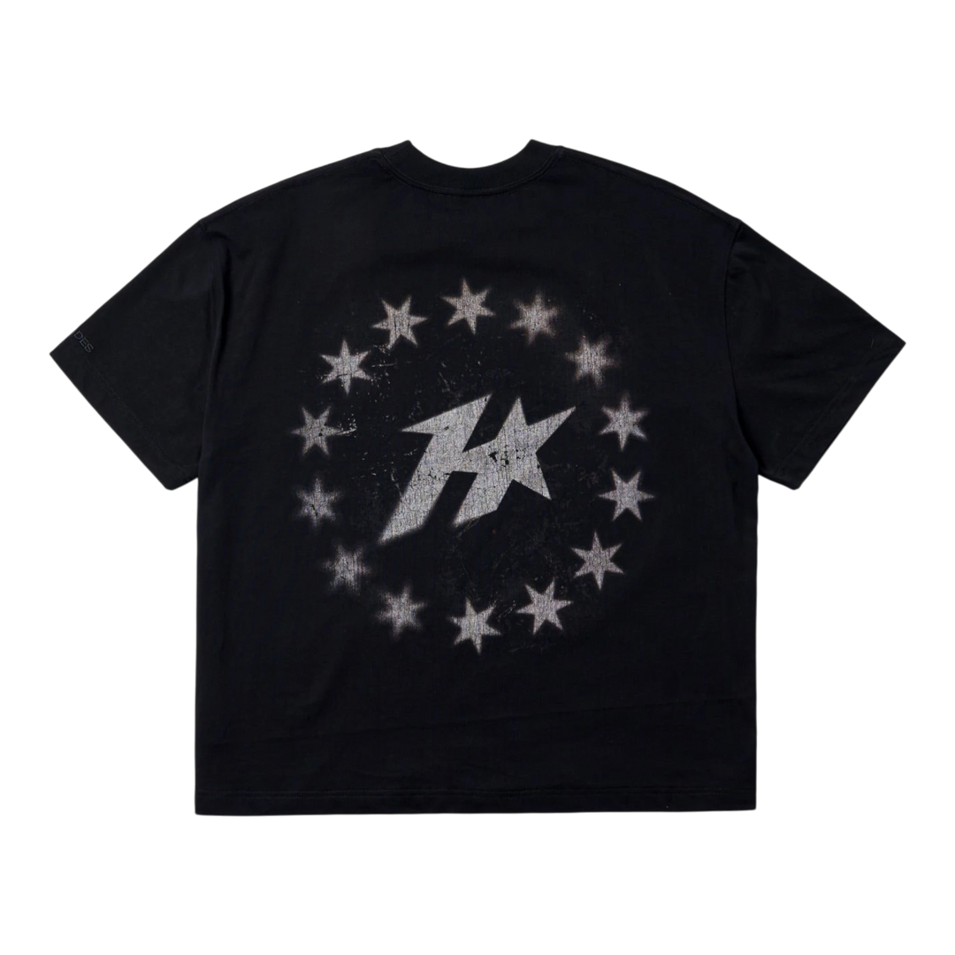 HADES Studio black 100% cotton tee with a distressed starburst graphic and central logo on the back.