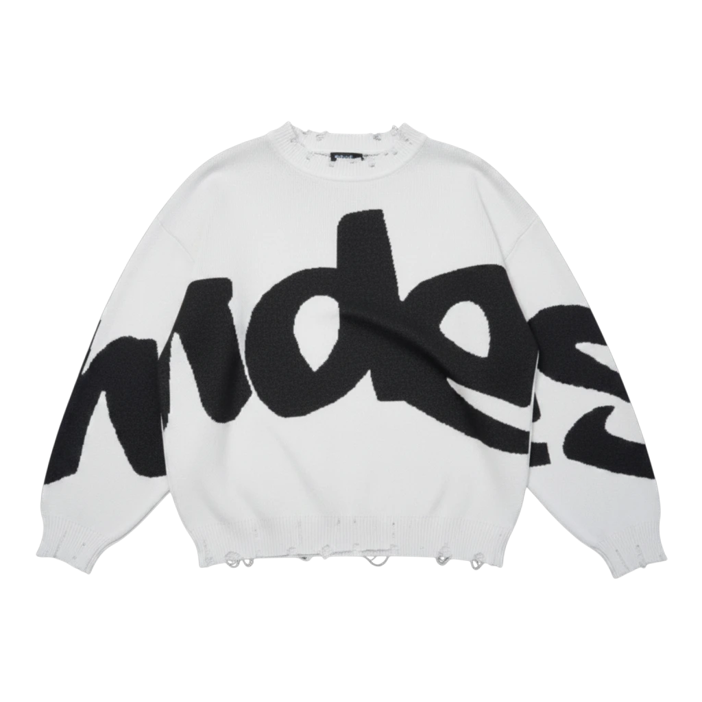 HADES Studio white knit sweater with large black woven typography and distressed ribbed collar, cuffs, and hem.