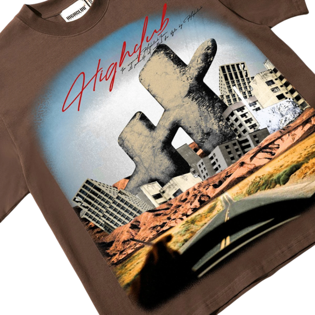 Highclub Relics Tee in brown 100% cotton, featuring a large-scale graphic print of a post-apocalyptic desert landscape with a giant crumbling HC monogram.