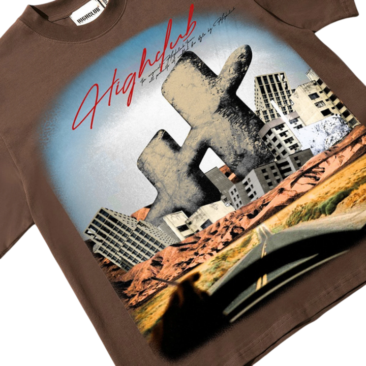 Highclub Relics Tee in brown 100% cotton, featuring a large-scale graphic print of a post-apocalyptic desert landscape with a giant crumbling HC monogram.