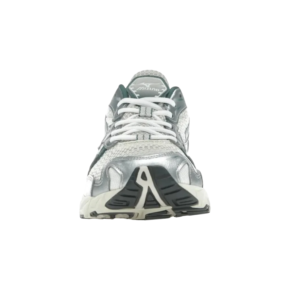 Mizuno Wave Rider 10 men's lifestyle sneakers in white mesh with slate and bistro green accents. Features layered design and Wave technology.