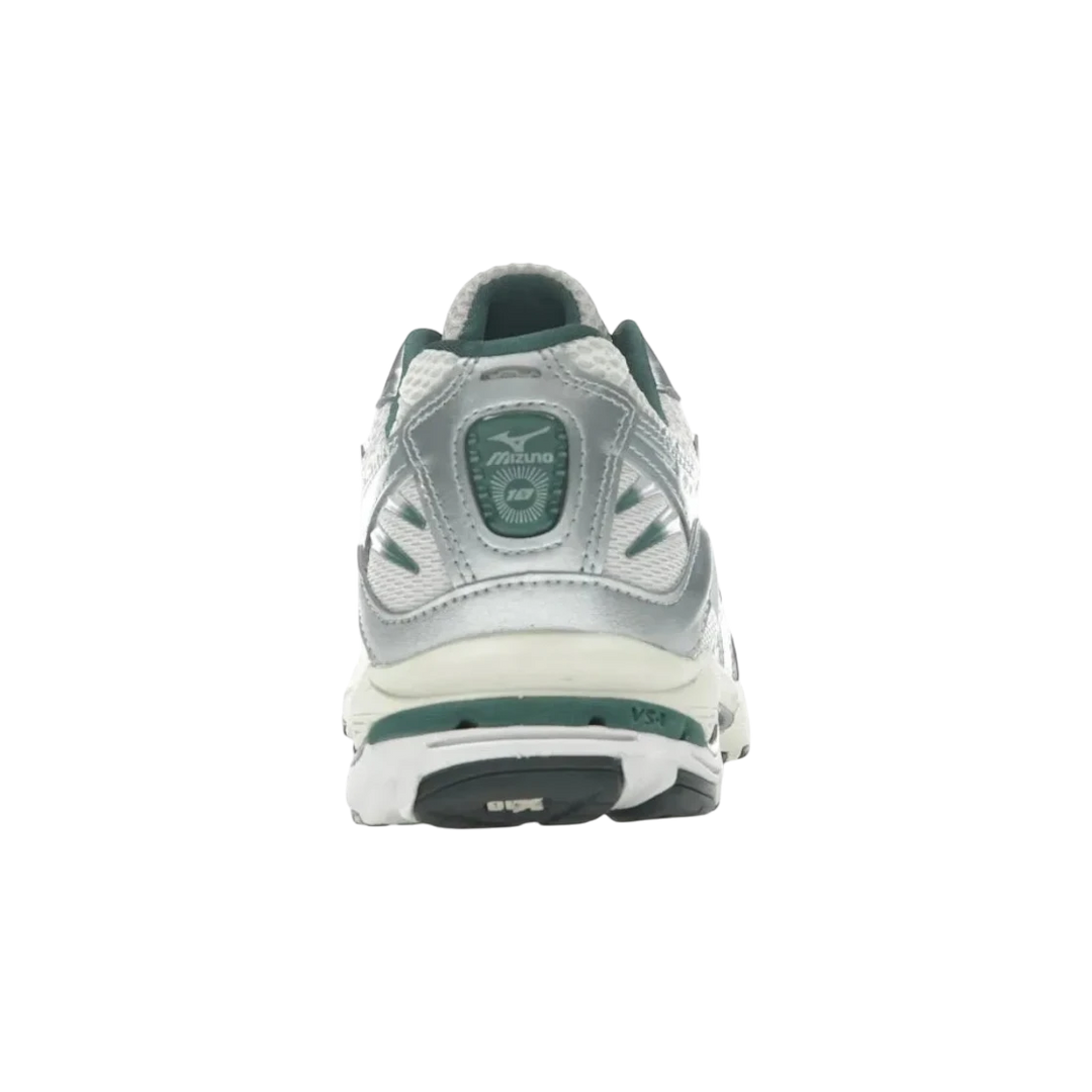 Mizuno Wave Rider 10 white mesh sneakers with slate and bistro green accents, featuring Wave technology and a durable rubber outsole.