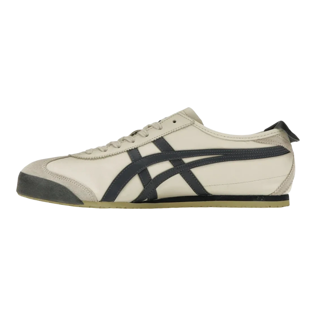 Onitsuka Tiger Mexico 66 sneakers in birch leather with peacoat navy stripes and suede overlays. Slim, low-profile design.