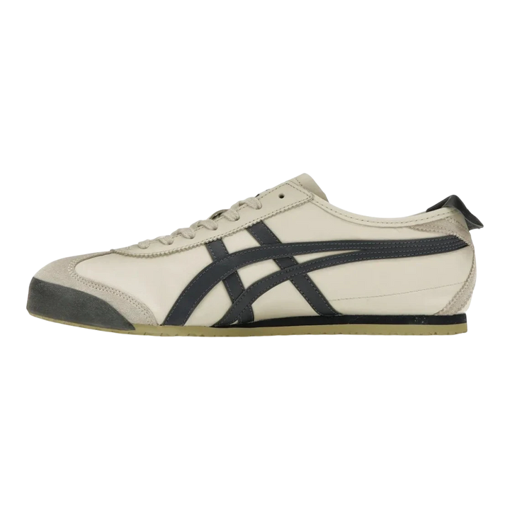 Onitsuka Tiger Mexico 66 sneakers in birch leather with peacoat navy stripes and suede overlays. Slim, low-profile design.